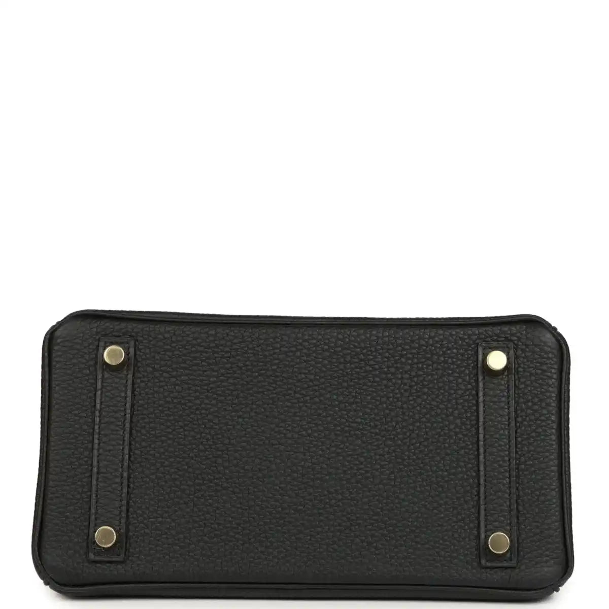 Black leather handbag base with four gold-toned studs and curved corners