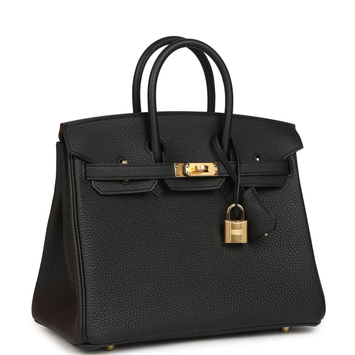 Black leather handbag with gold front clasp and padlock charm, top handles