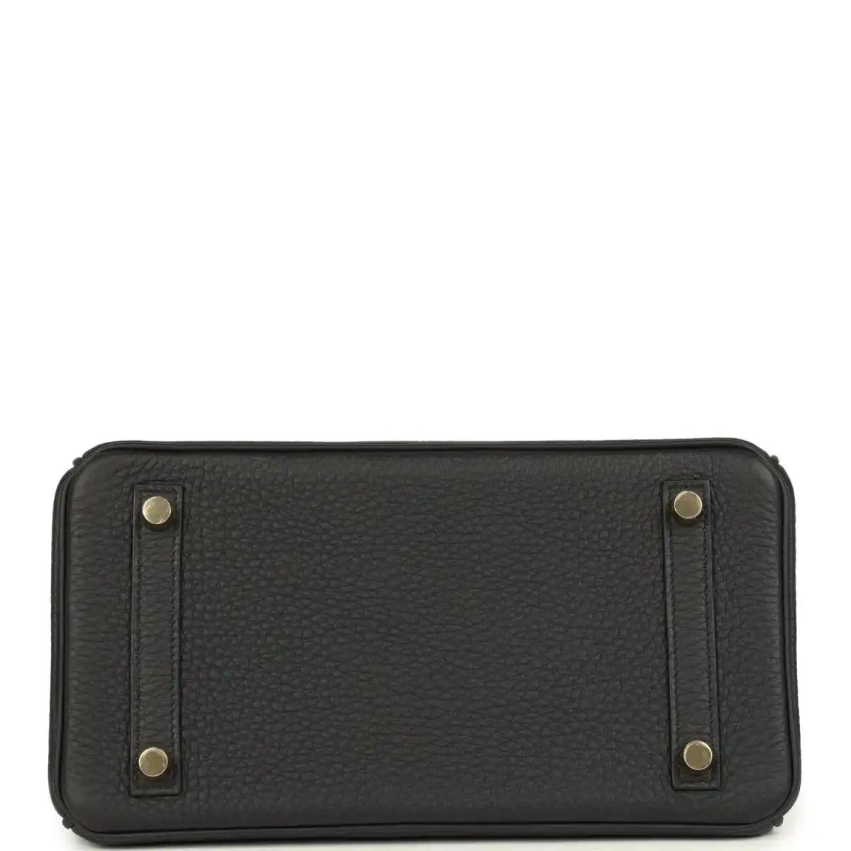 Black leather Birkin 25 handbag bottom with four metal feet and rounded corners