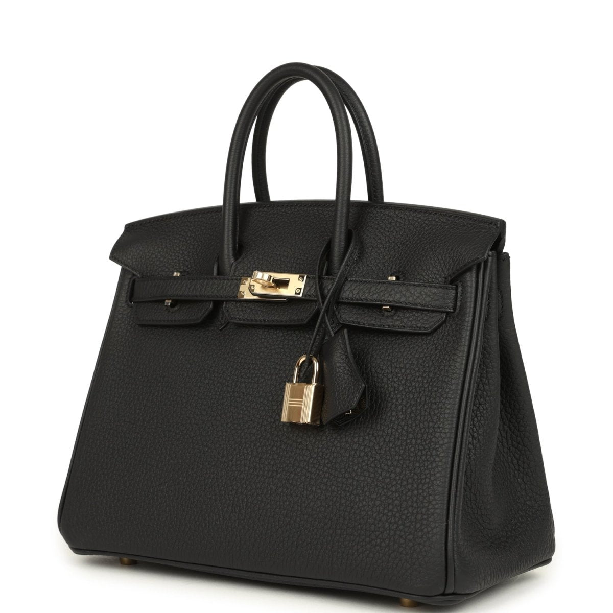 Black Birkin 25 handbag with two top handles, front flap, and gold-tone lock