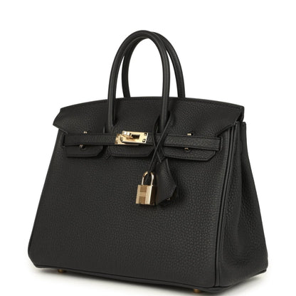 Black Birkin 25 handbag with two top handles, front flap, and gold-tone lock