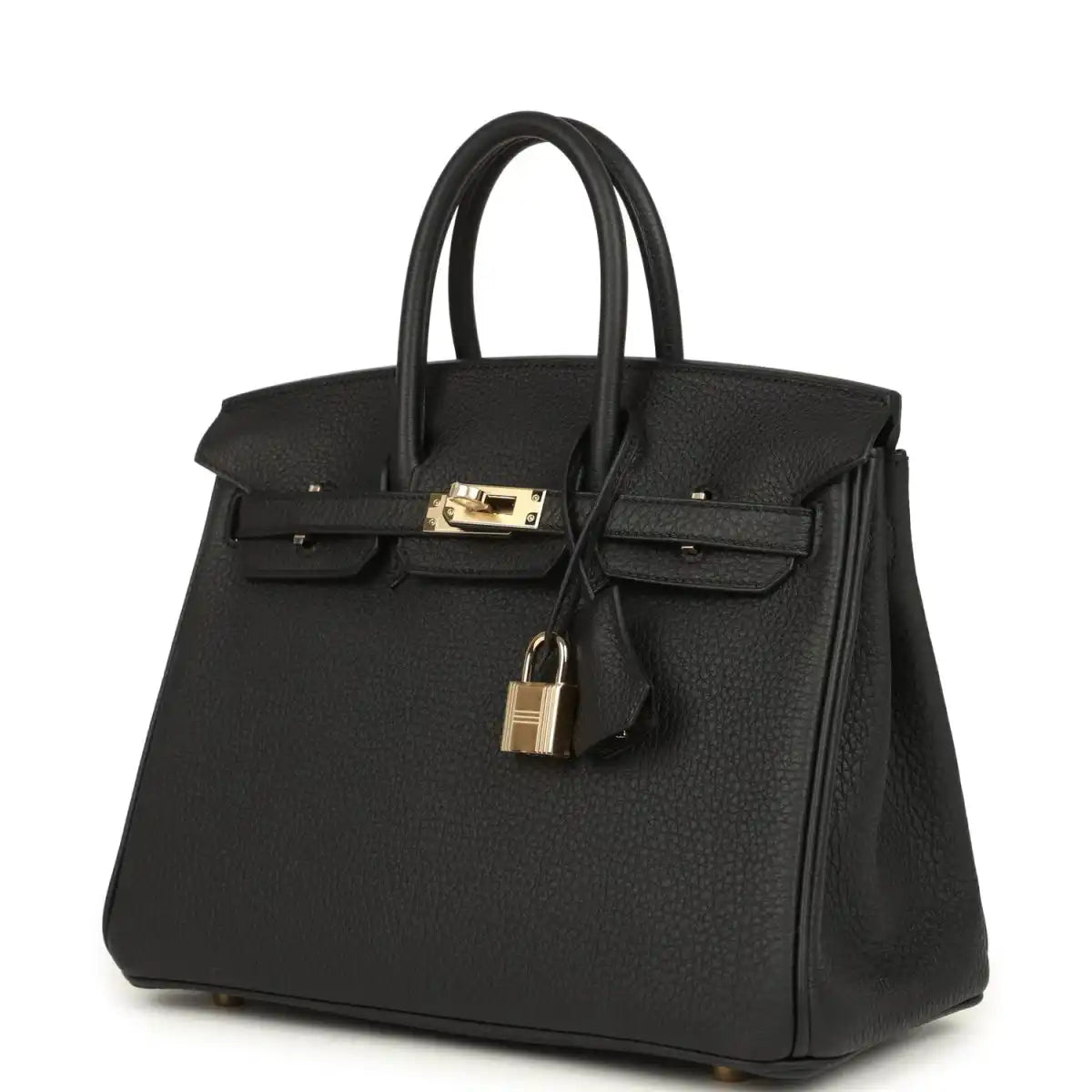 Black Birkin 25 handbag with two top handles, front flap, and gold-tone lock