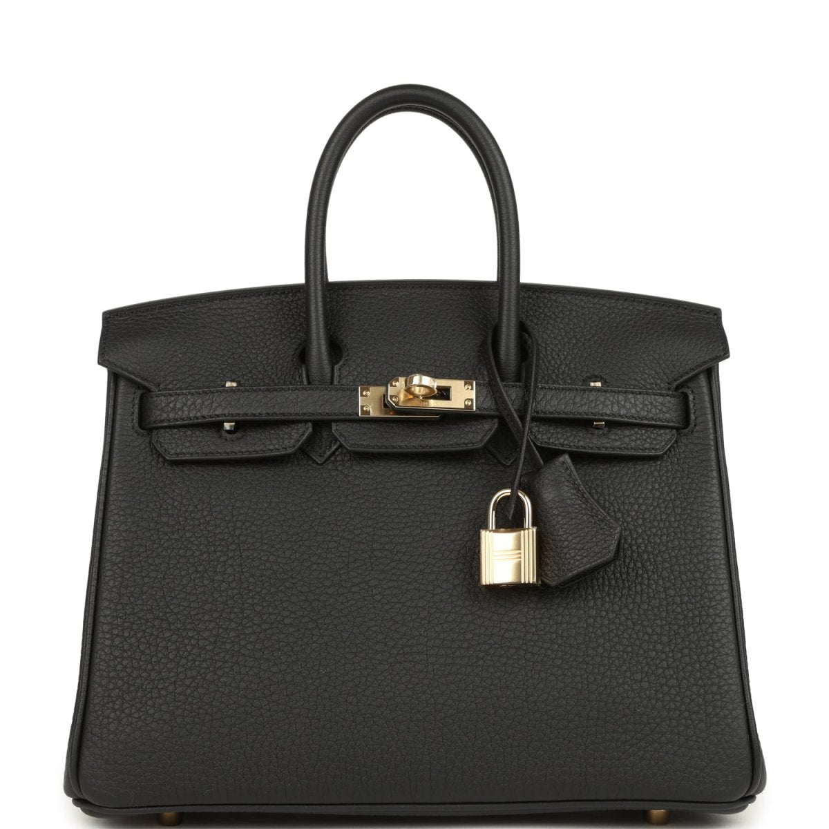 Black Birkin 25 handbag with front flap, gold-tone lock, and textured leather