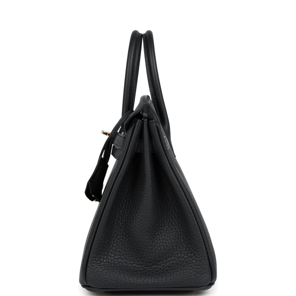 Black leather Birkin 25 handbag with two short handles and gold-tone accents