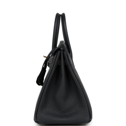 Black leather Birkin 25 handbag with two short handles and gold-tone accents