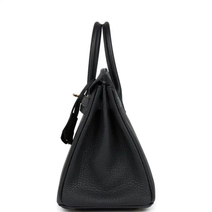 Black leather Birkin 25 handbag with two short handles and gold-tone accents