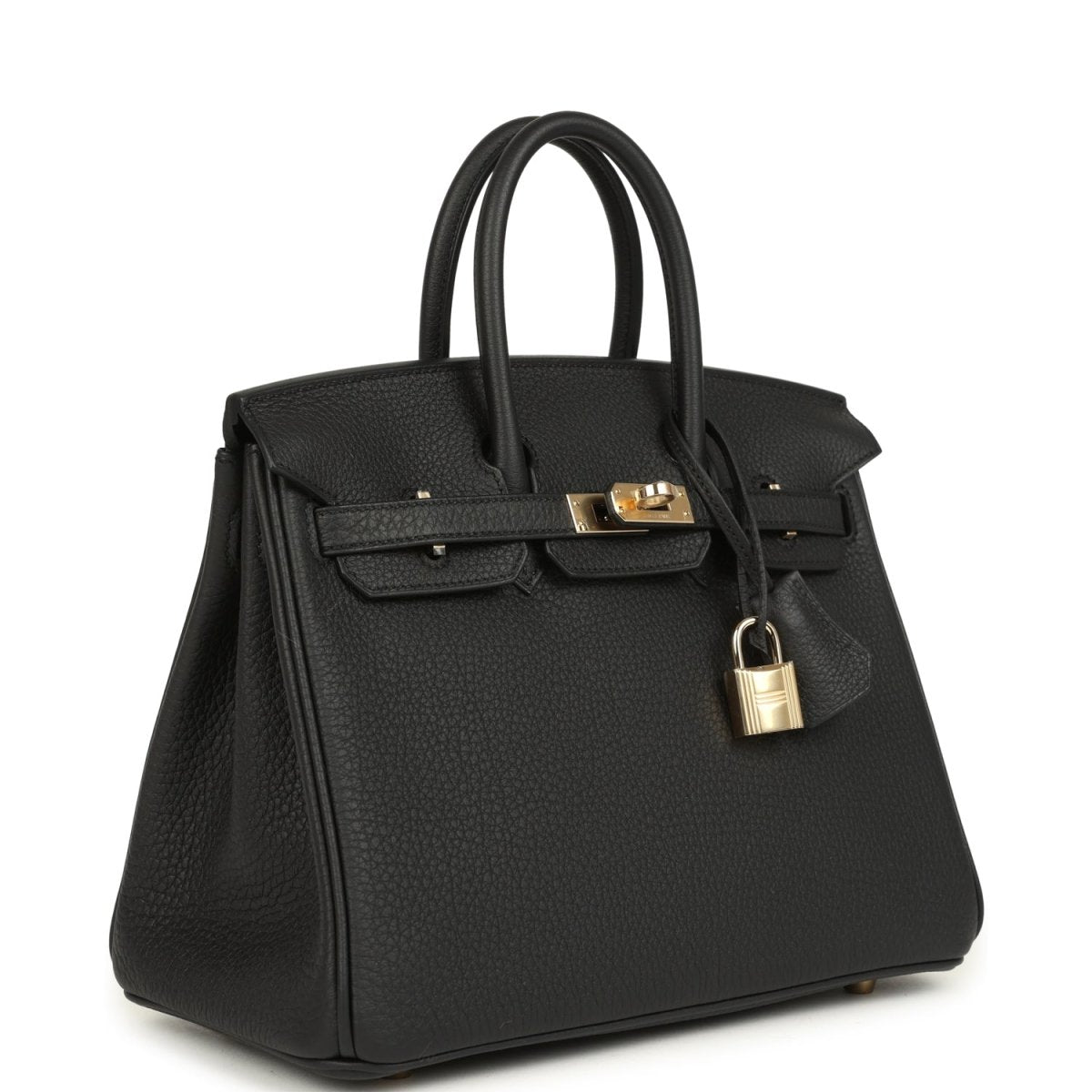 Hermes Birkin 25 black leather handbag with gold-tone lock and textured finish