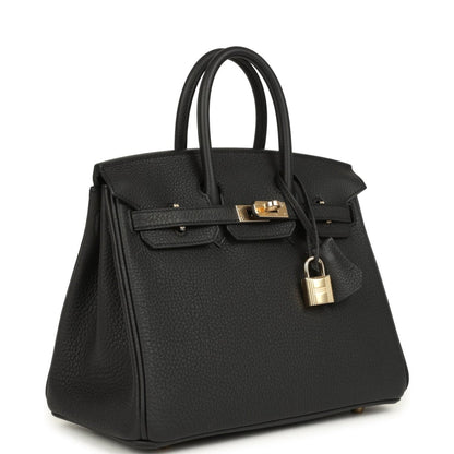 Hermes Birkin 25 black leather handbag with gold-tone lock and textured finish