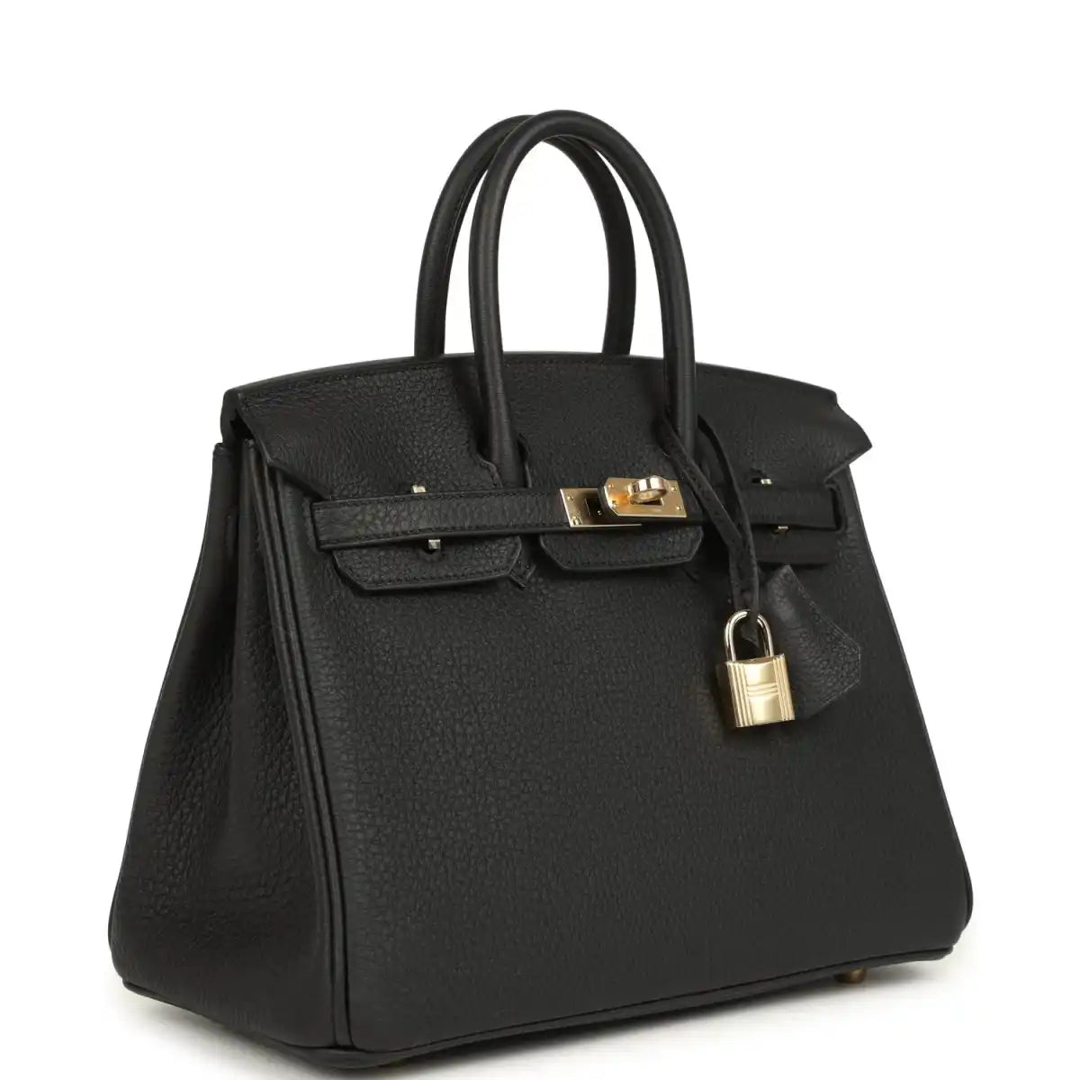 Hermes Birkin 25 black leather handbag with gold-tone lock and textured finish