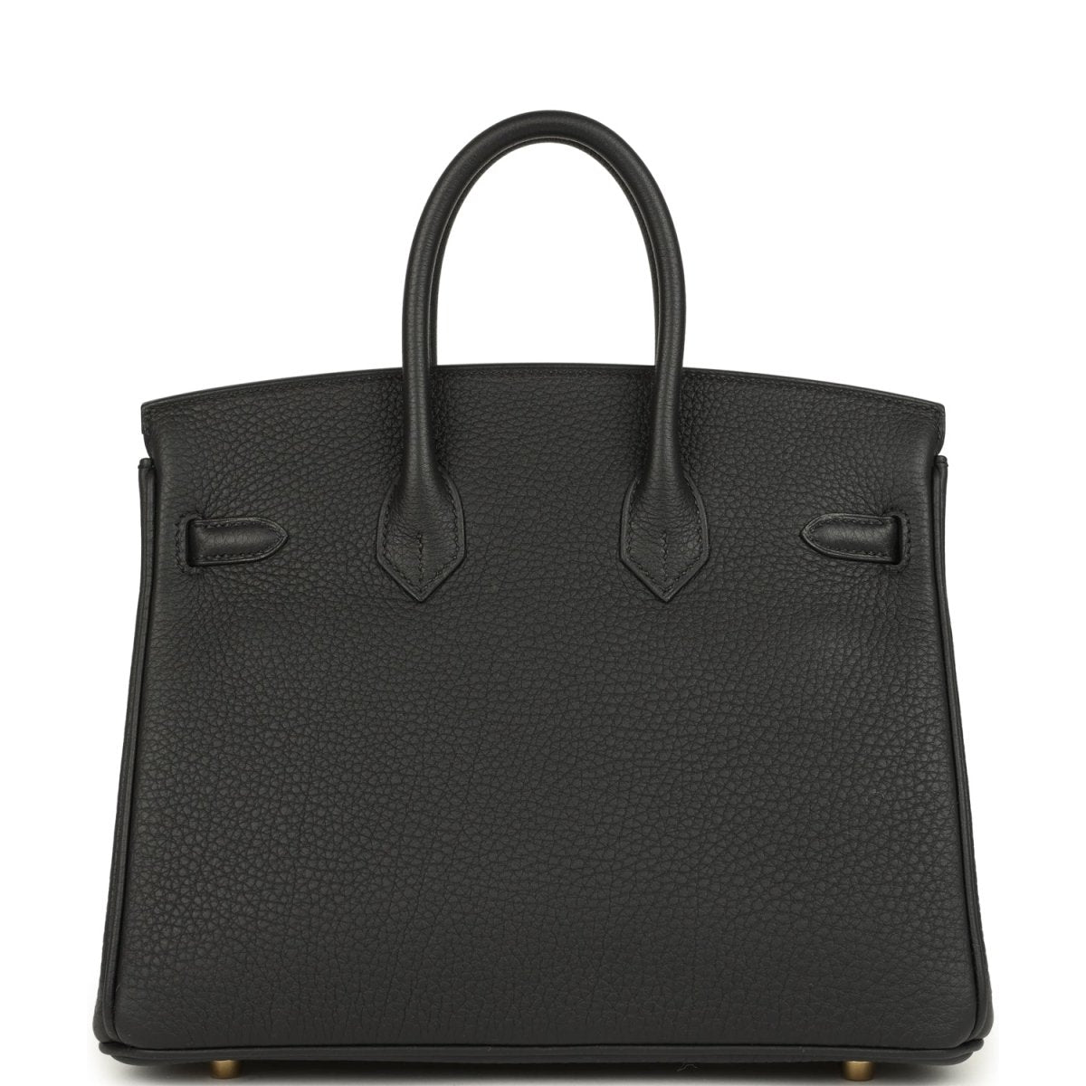 Black Birkin 25 handbag with two top handles, front flap pockets, and gold studs