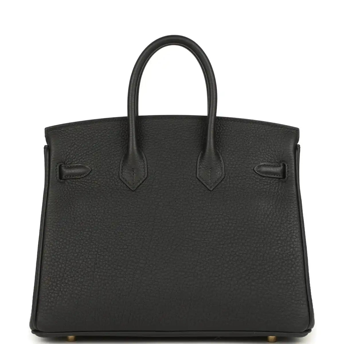 Black Birkin 25 handbag with two top handles, front flap pockets, and gold studs