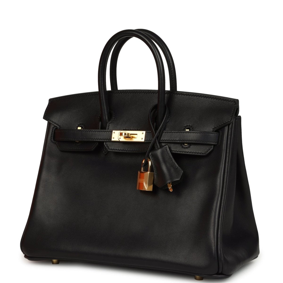 Black leather Birkin 25 handbag with gold lock, front flap, and hanging keys