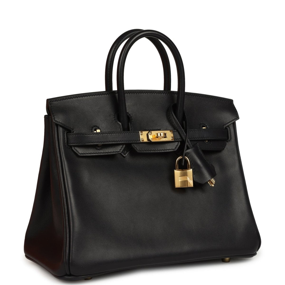 Black leather Birkin 25 handbag with gold turn-lock and front flap