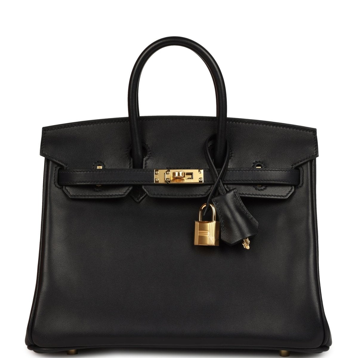 Black leather Birkin 25 handbag with gold clasp and front flap