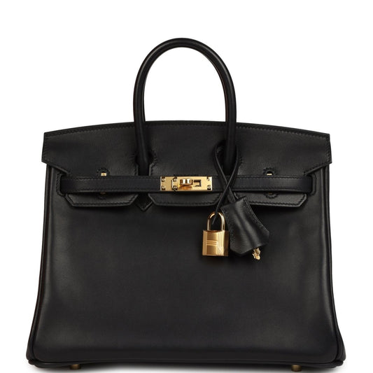 Black leather Birkin 25 handbag with gold clasp and front flap