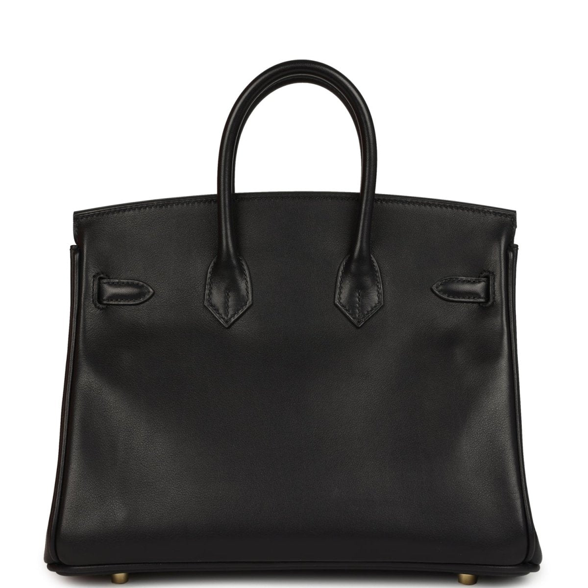 Black leather Birkin 25 handbag with front patch pockets and structured shape