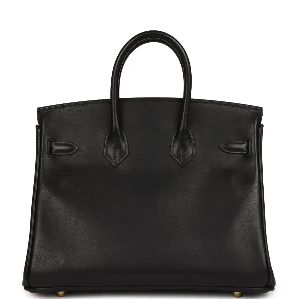 Black leather Birkin 25 handbag with front patch pockets and structured shape