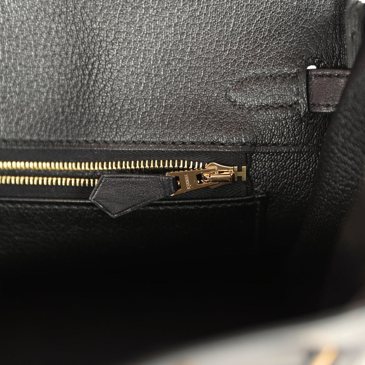 Black leather Birkin 25 interior zipper with gold H pull