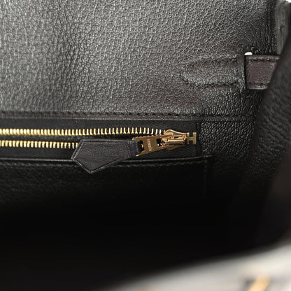 Black leather Birkin 25 interior zipper with gold H pull