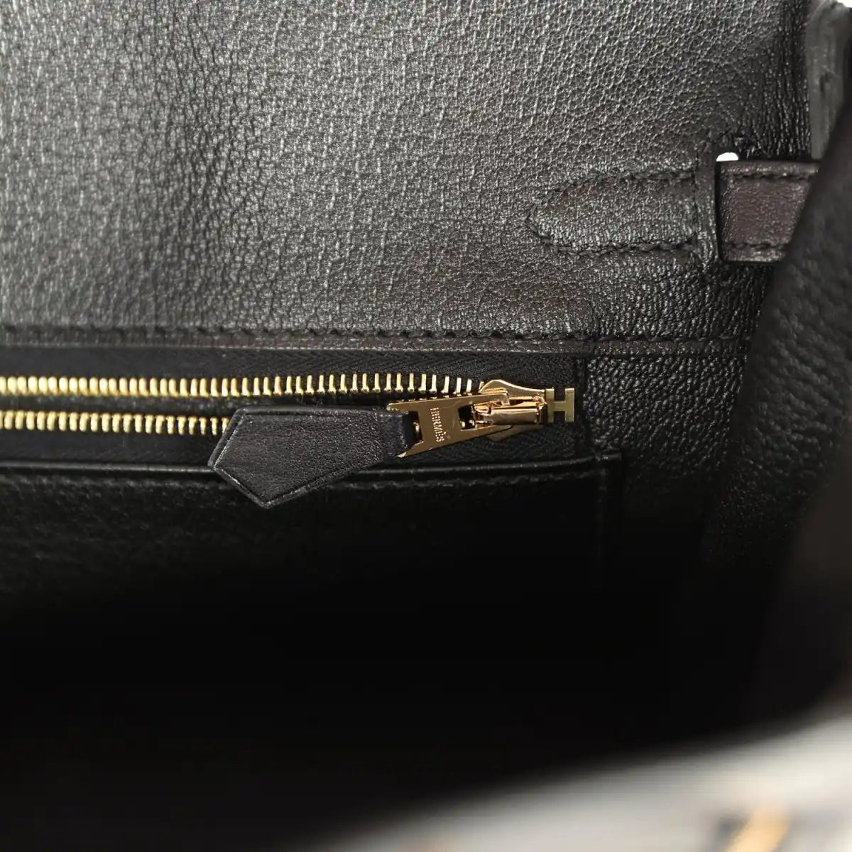 Black leather Birkin 25 interior zipper with gold H pull