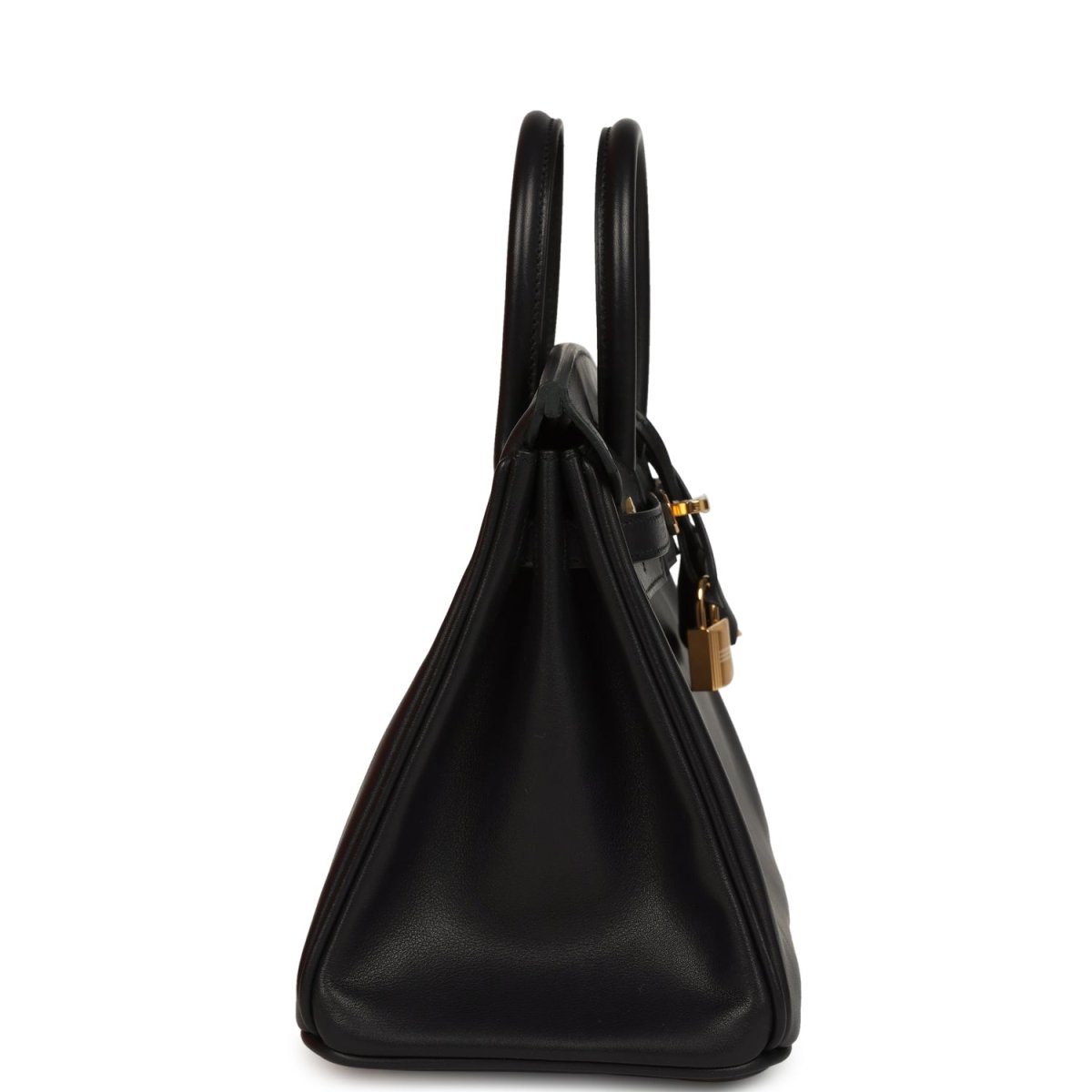 Black leather Birkin 25 handbag side profile with gold hardware and handles