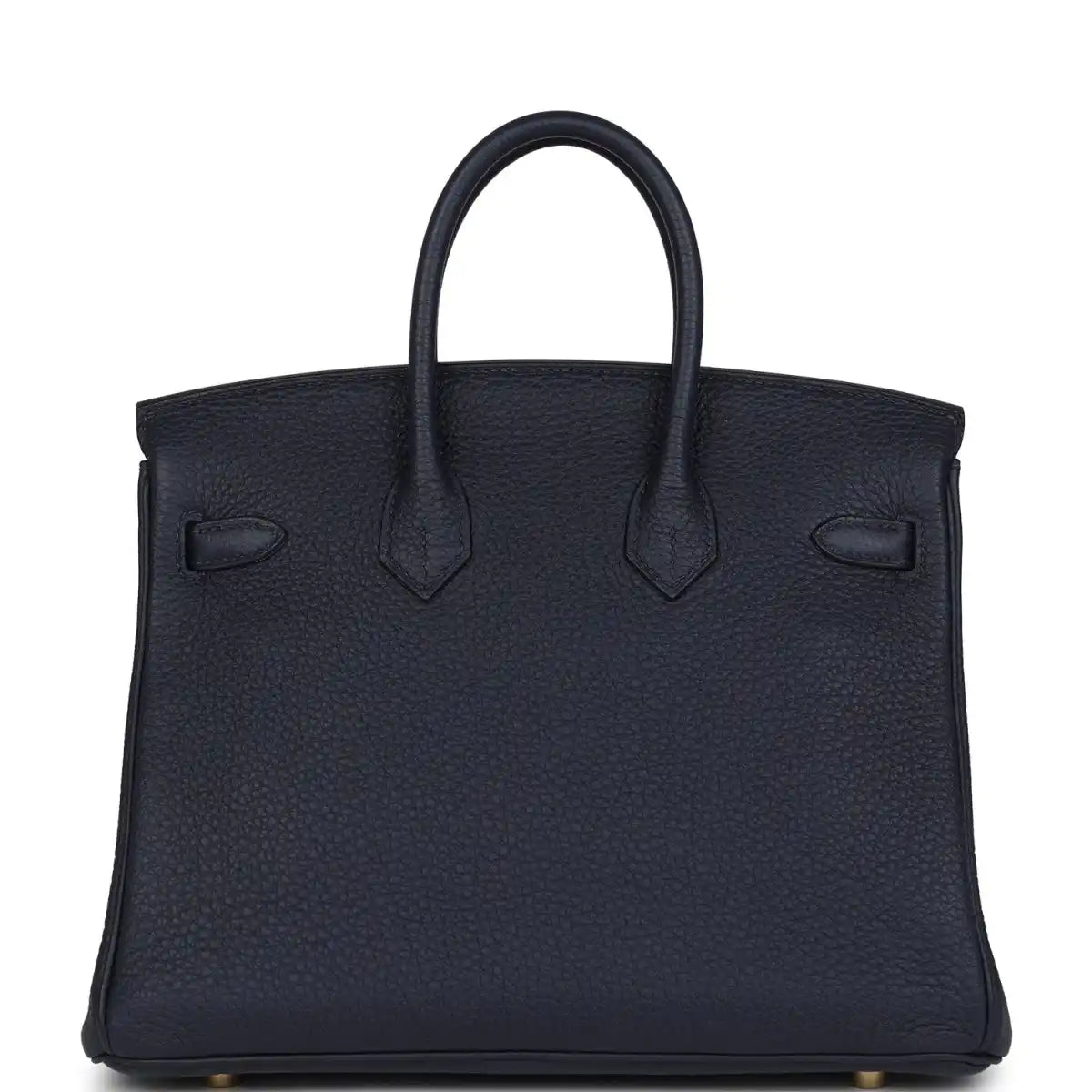 Hermes Birkin 25 handbag in dark blue leather with stitched panels and top handles.