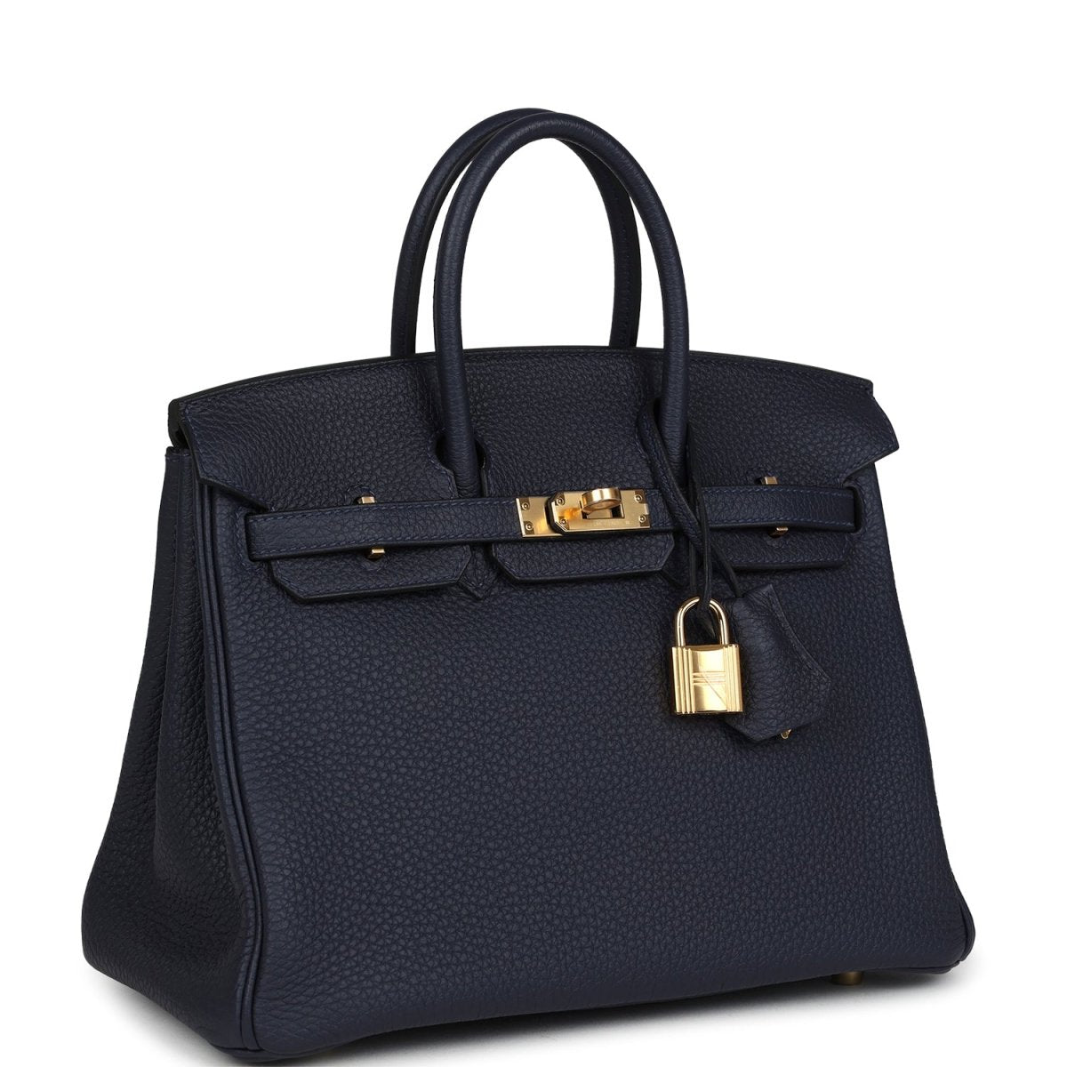 Hermes Birkin 25 handbag in dark blue with gold hardware, front flap and top handles.