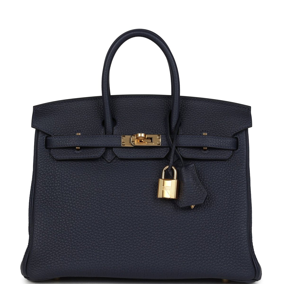 Hermes Birkin 25 handbag in dark blue Togo leather with gold hardware and top handles.