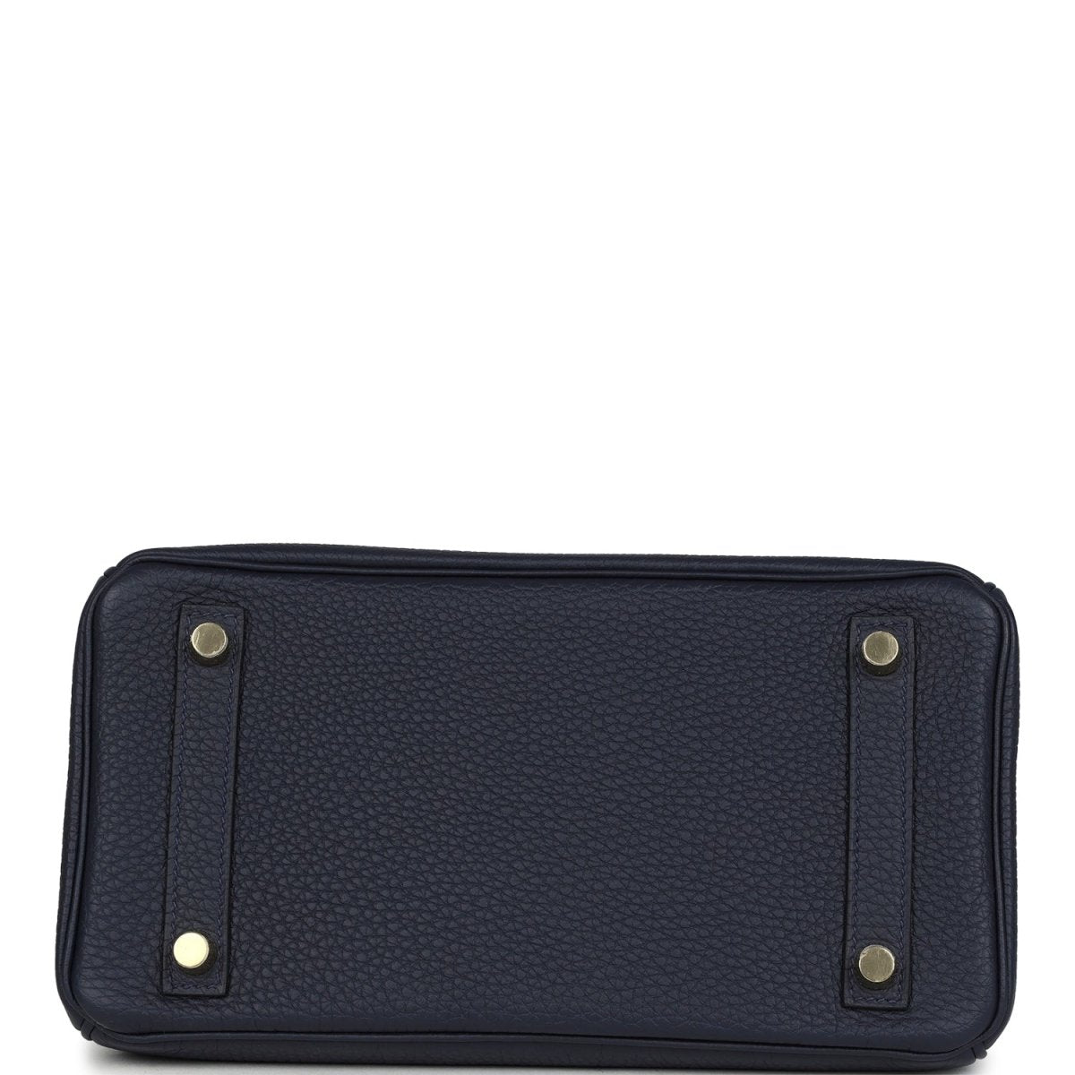 Hermes Birkin 25 handbag in dark blue leather with two exterior strap tabs and studs.