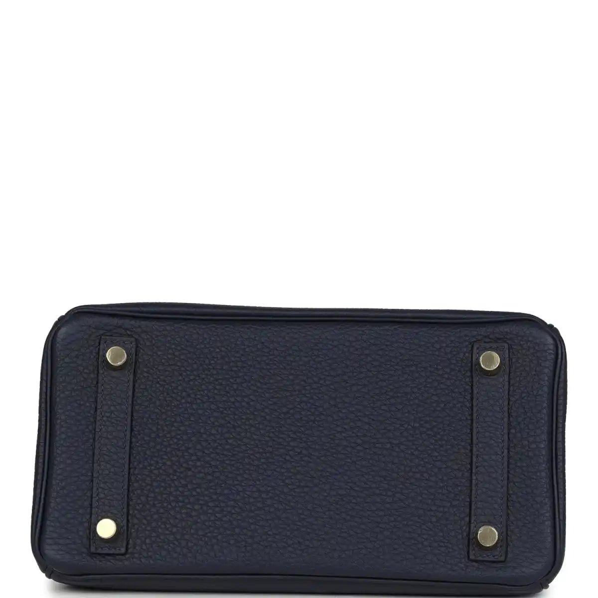 Hermes Birkin 25 handbag in dark blue leather with two exterior strap tabs and studs.