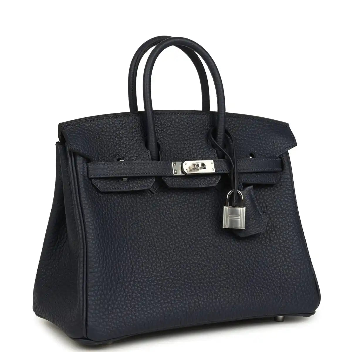 Birkin 25 handbag three-quarter view in dark blue pebbled leather with front lock