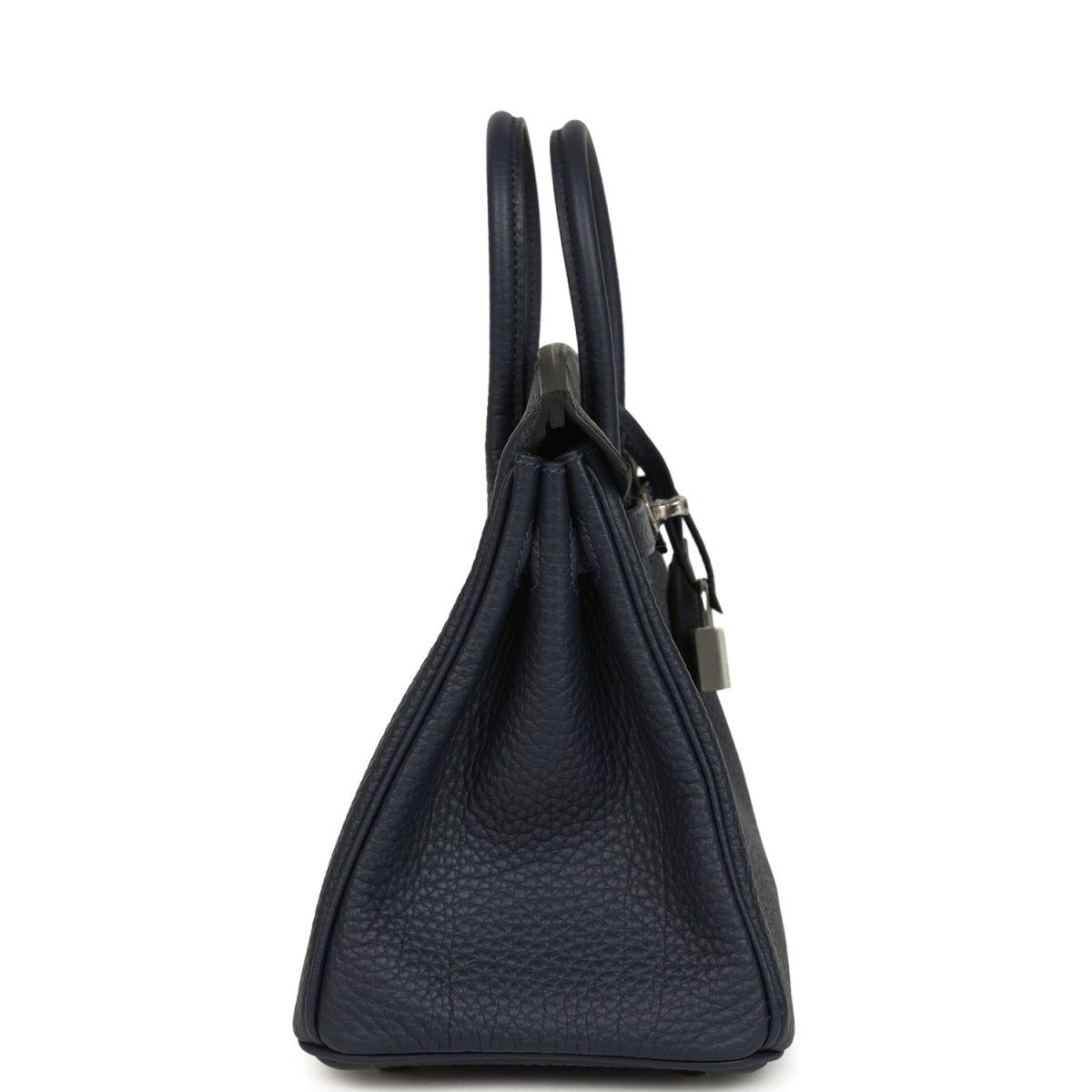 Birkin 25 handbag side view with dark blue pebbled leather and metal lock charm