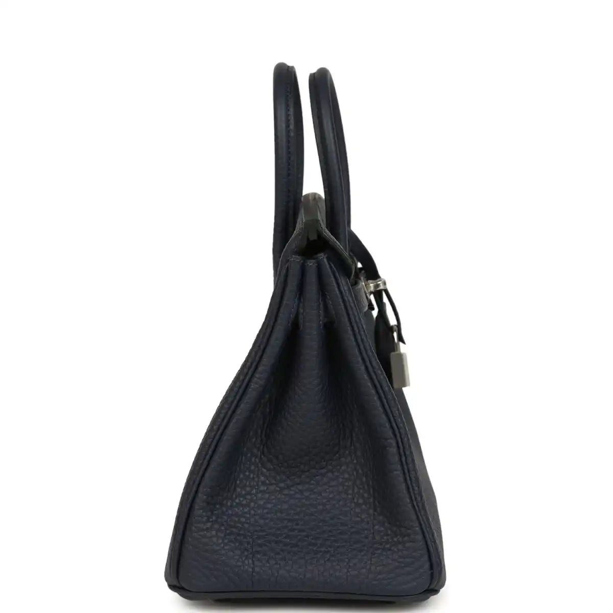 Birkin 25 handbag side view with dark blue pebbled leather and metal lock charm