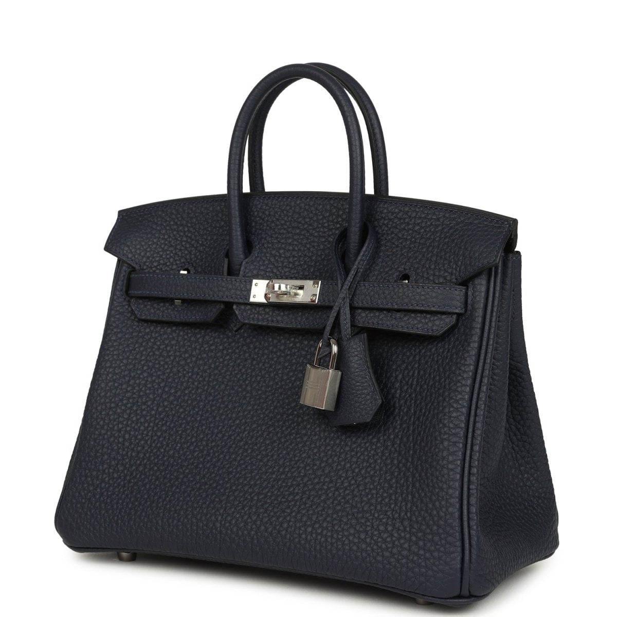 Birkin 25 handbag in dark blue pebbled leather with front flap lock and top handles