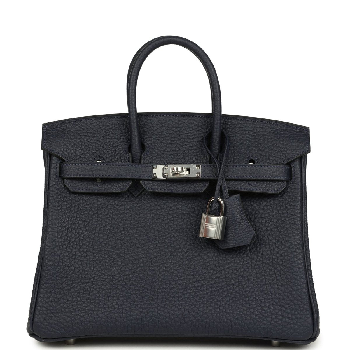 Birkin 25 handbag front view in dark blue pebbled leather with silver-toned lock