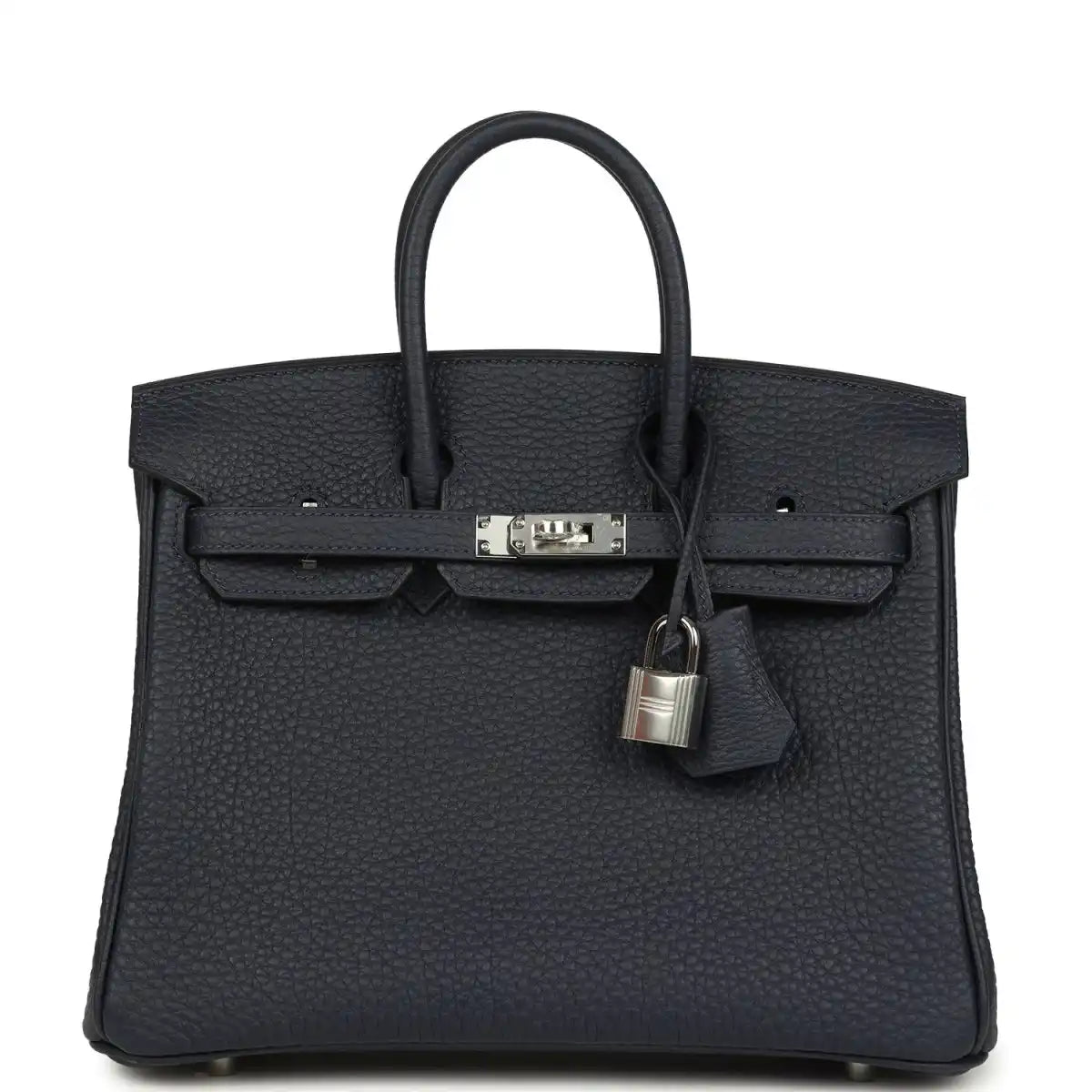 Birkin 25 handbag front view in dark blue pebbled leather with silver-toned lock