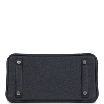 Birkin 25 handbag back panel in dark blue pebbled leather with metal corner studs