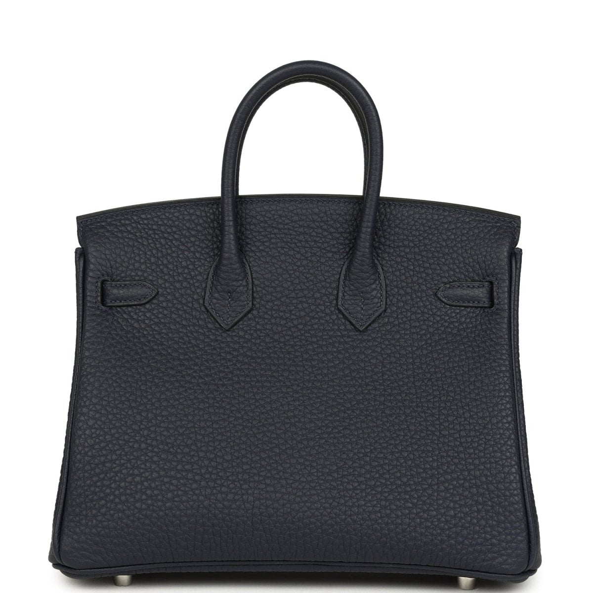 Birkin 25 handbag front view in dark blue pebbled leather with double top handles