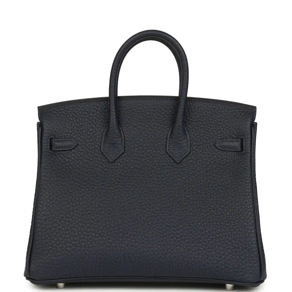Birkin 25 handbag front view in dark blue pebbled leather with double top handles