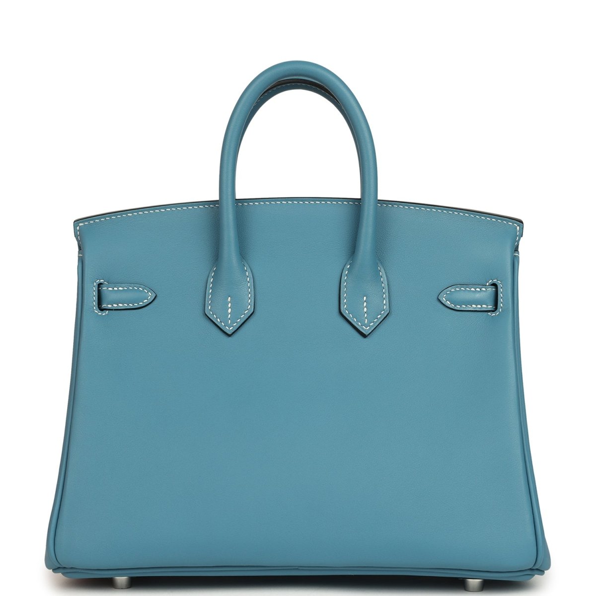 Blue Birkin 25 handbag back panel with two handles and stitched tab details