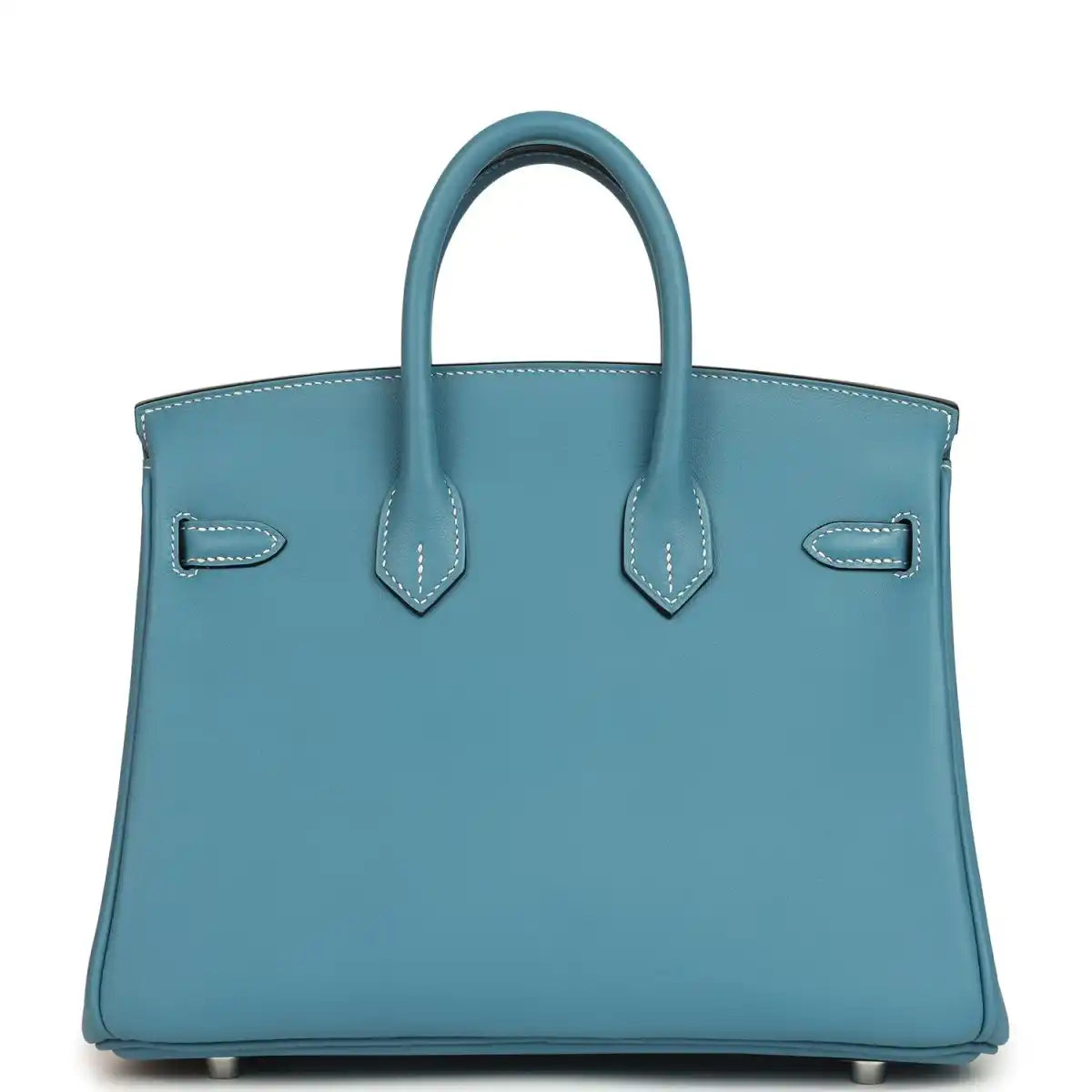 Blue Birkin 25 handbag back panel with two handles and stitched tab details
