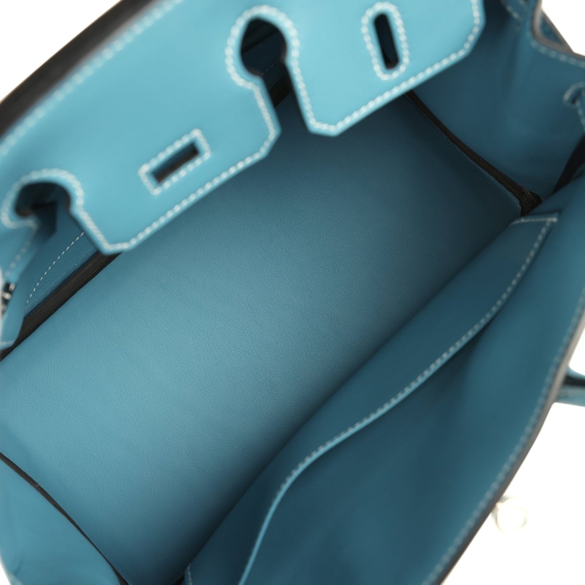 Blue Birkin 25 handbag interior pocket with zipper and leather tab