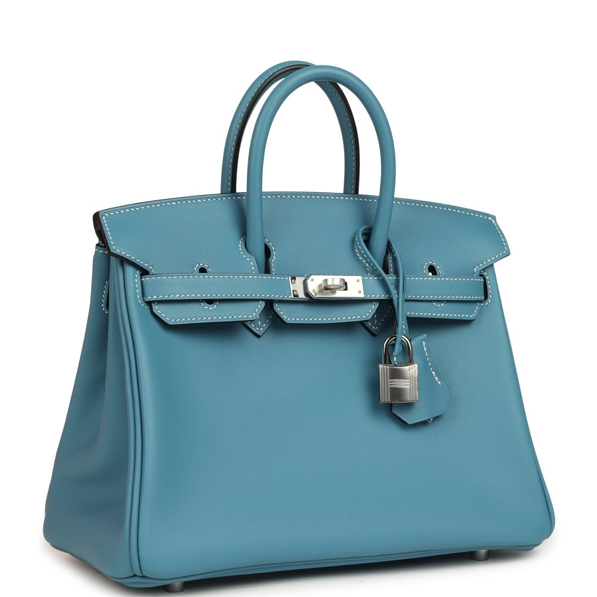 Blue Birkin 25 handbag with top handles and front clasp, palladium hardware