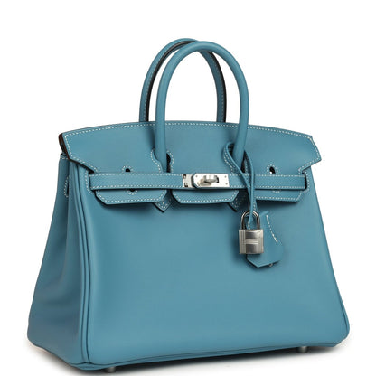 Blue Birkin 25 handbag with top handles and front clasp, palladium hardware