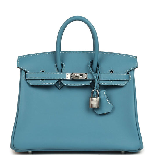 Blue Birkin 25 handbag with top handles, front clasp and lock, palladium hardware