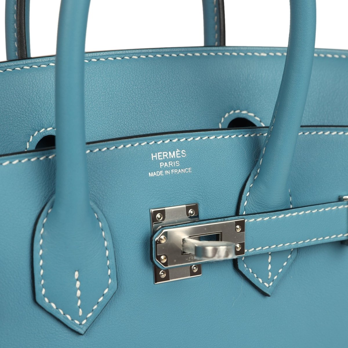 Blue Birkin 25 handbag interior with stitched seams and logo embroidery