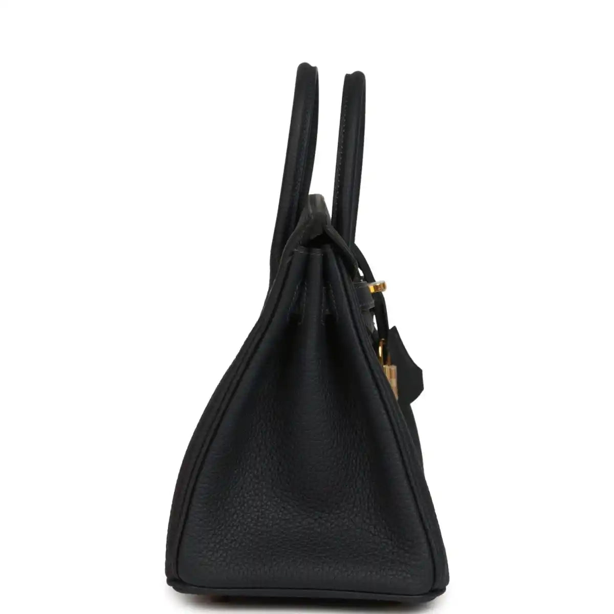 Black leather Birkin-style handbag side view with top handles and gold hardware accents