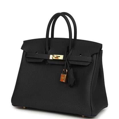Black leather Birkin-style handbag 25 with gold turn-lock, top handles, and key charm
