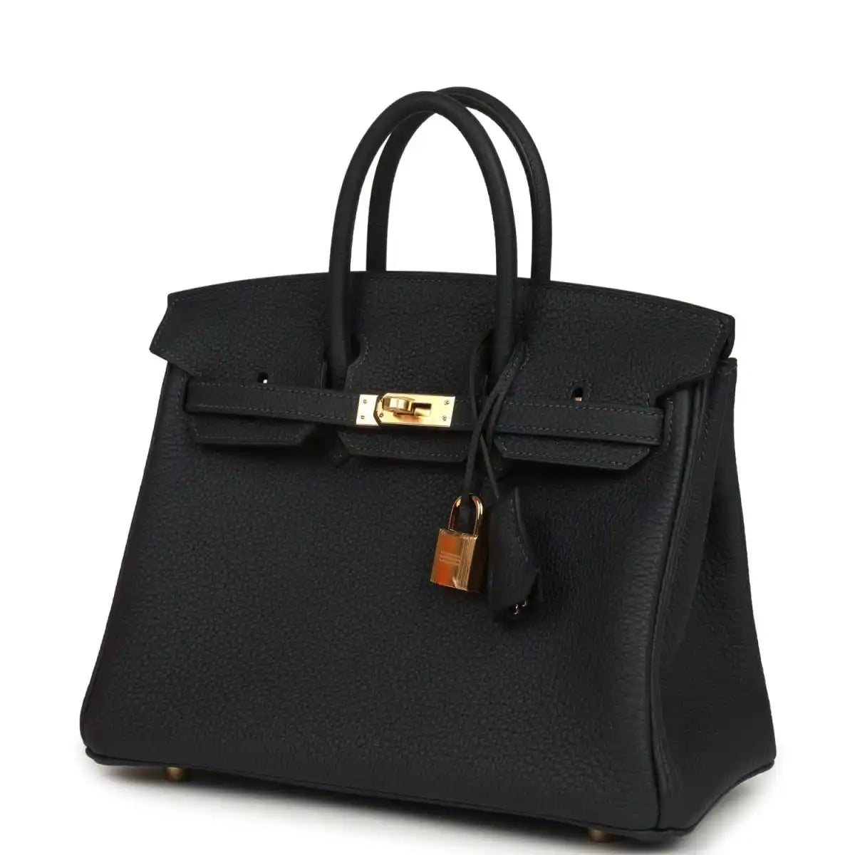 Black leather Birkin-style handbag 25 with gold turn-lock, top handles, and key charm