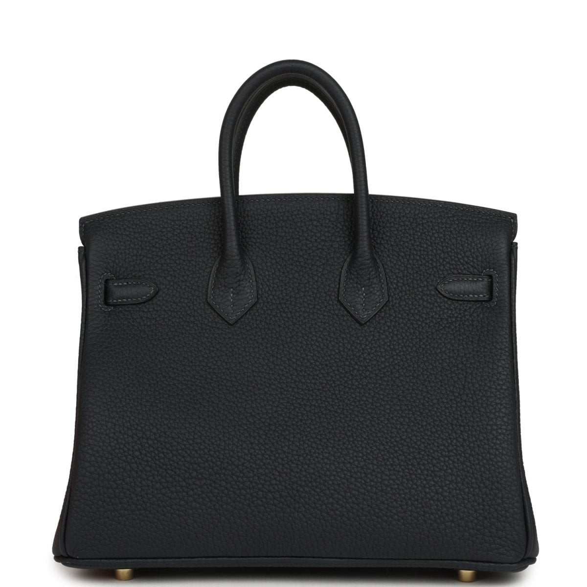 Black leather Birkin-style handbag back view with subtle seams and gold feet